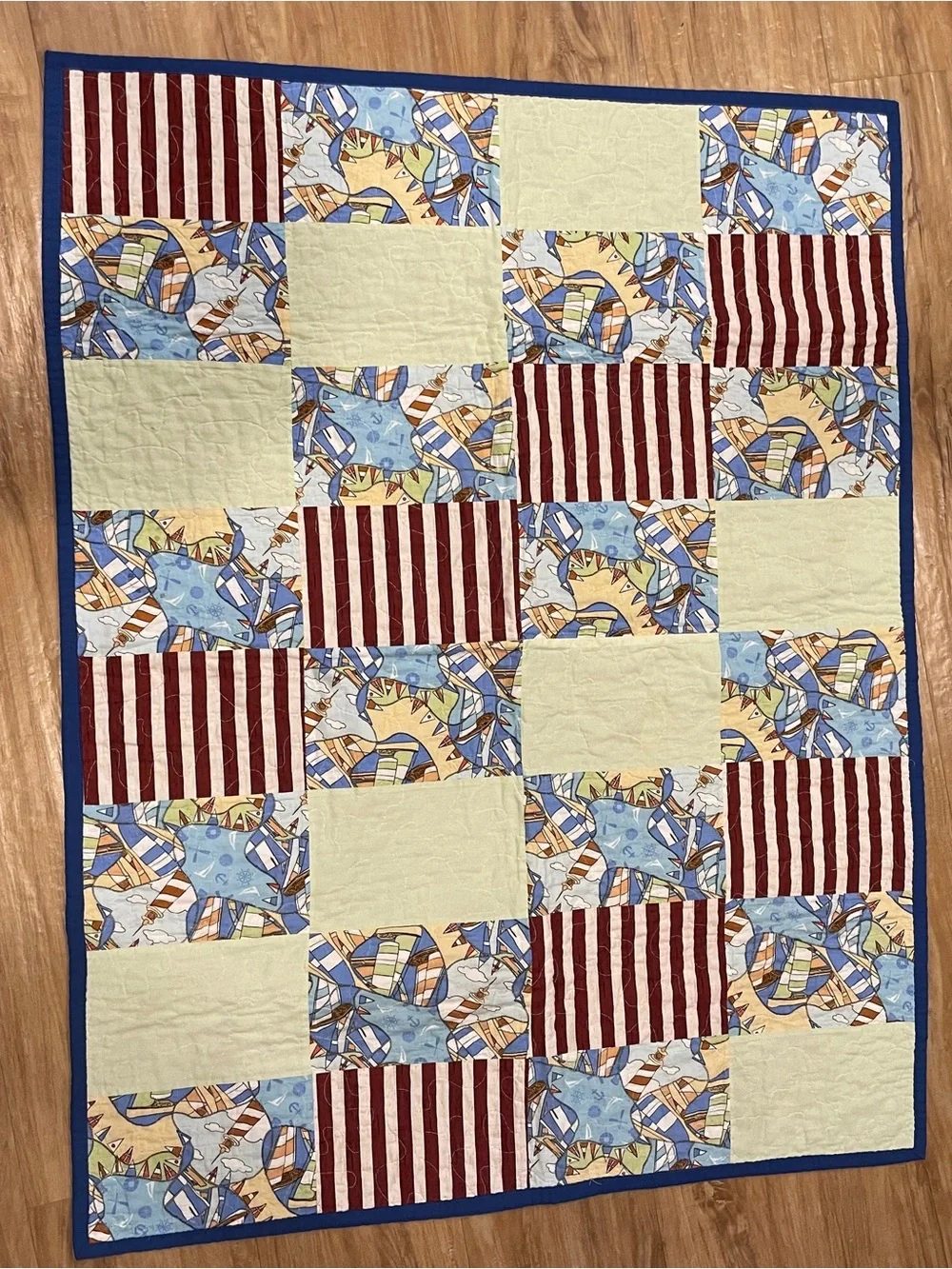 Handmade Nautical Theme Red White Blue Cottage Core 32.5” X 42.5” Baby Quilt